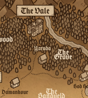 Map of the relative positions between the Vale, Yaruda, the Grove and The Spire (from left to right)